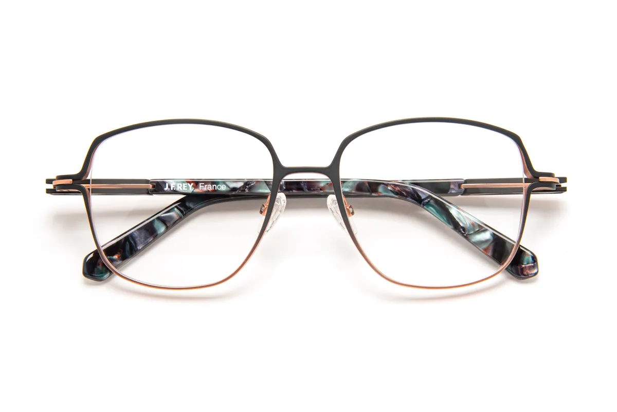 J.F. Rey JF3173 optical frame with a dark upper contour and a fine warm metallic-colored lower rim