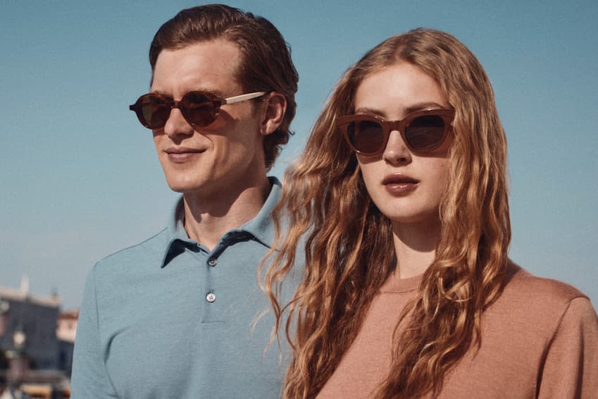 L.G.R Slowear campaign image with two models wearing limited-edition sunglasses outdoors