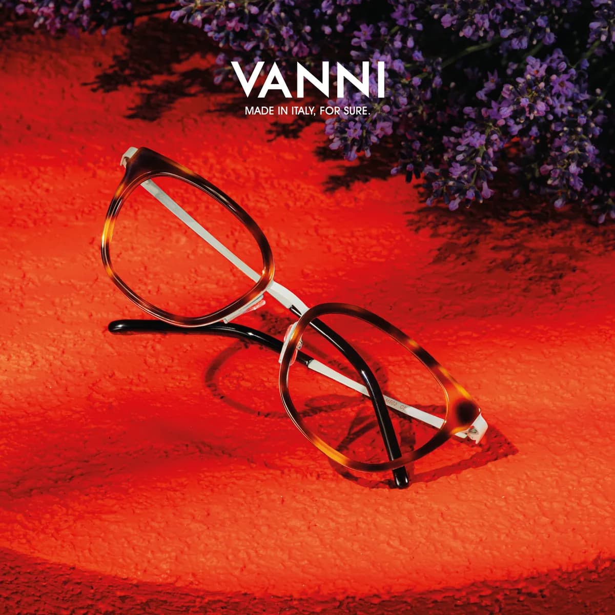 Amber and brown VANNI optical frame with silver-colored bridge and temples on red ground beneath purple flowers