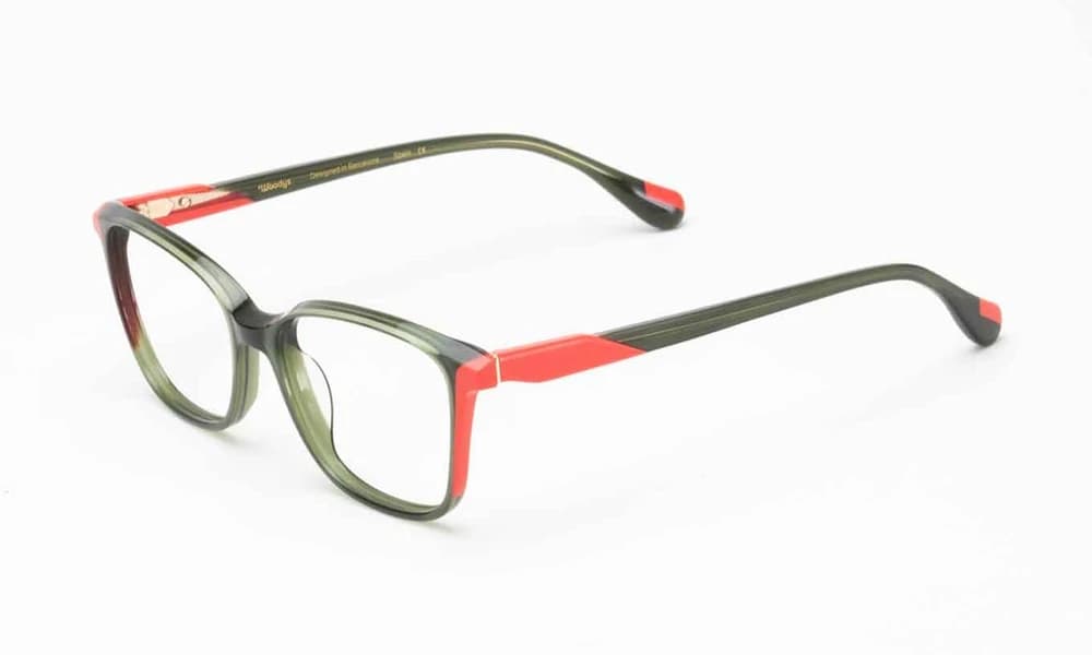 Woodys Leonor optical frame with a softened square shape and layered acetate colors