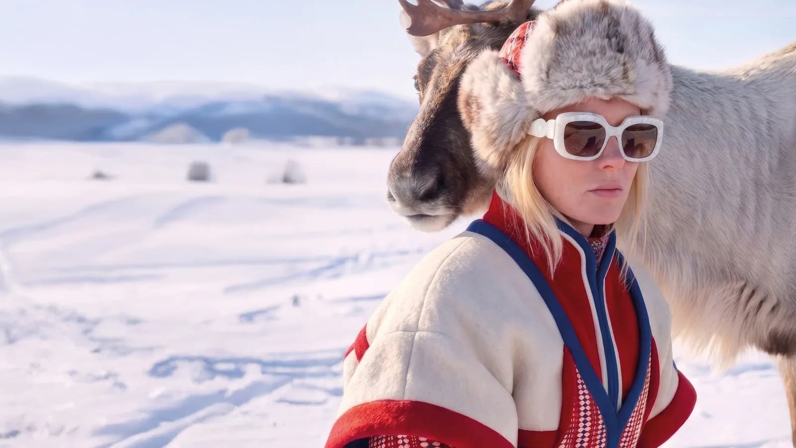 Woodys XMAS V campaign with a model wearing pearl INARI sunglasses beside a reindeer in a snowy landscape