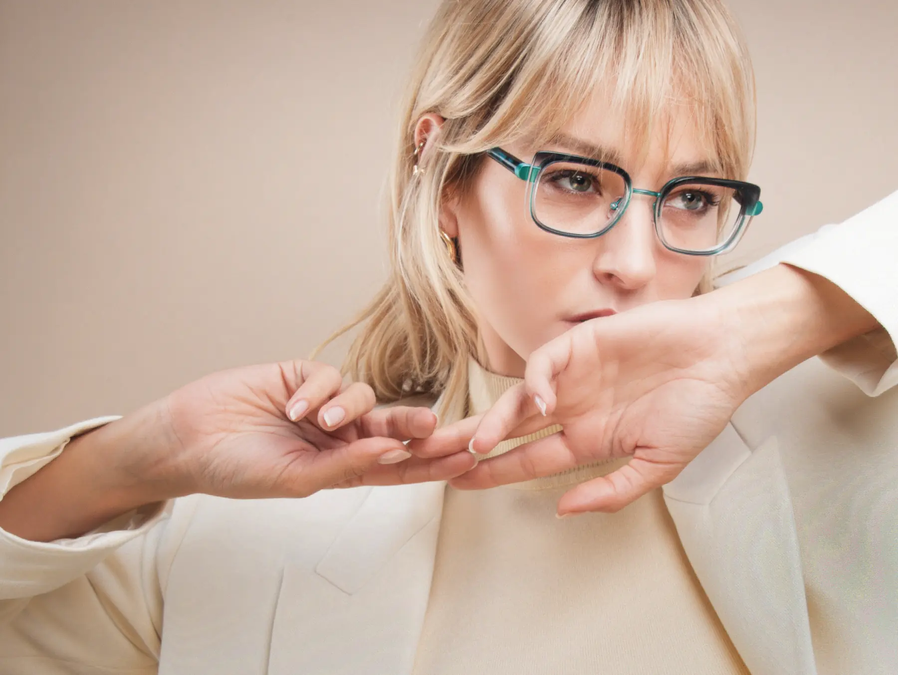 J.F. Rey Designed to Fit optical campaign image with a model wearing a light optical frame