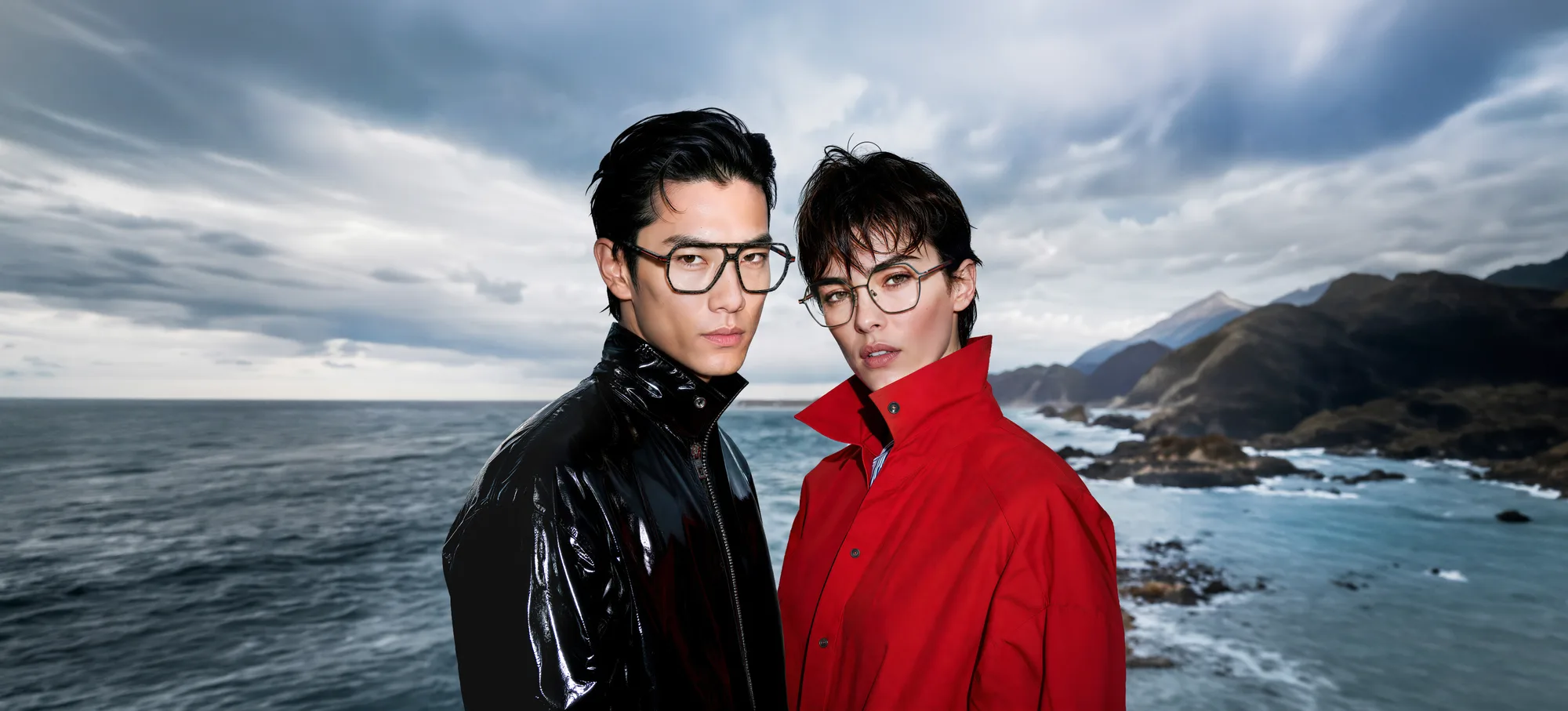 J.F. Rey Optical FW2026 campaign with two adults wearing eyewear against a coastal landscape