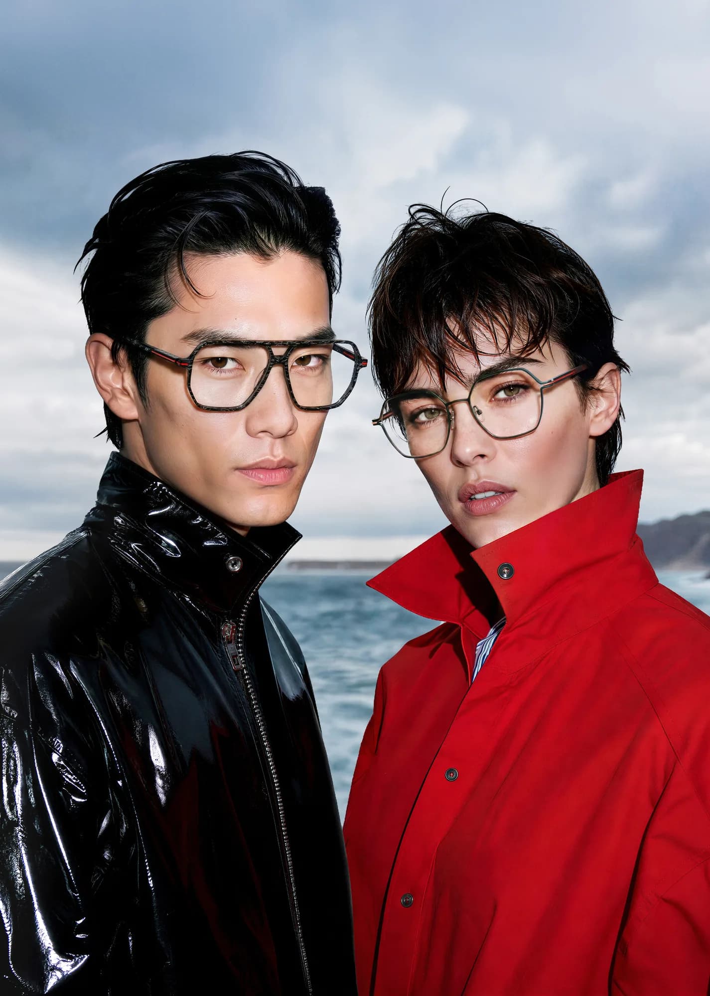 Close portrait of two adults wearing J.F. Rey optical frames