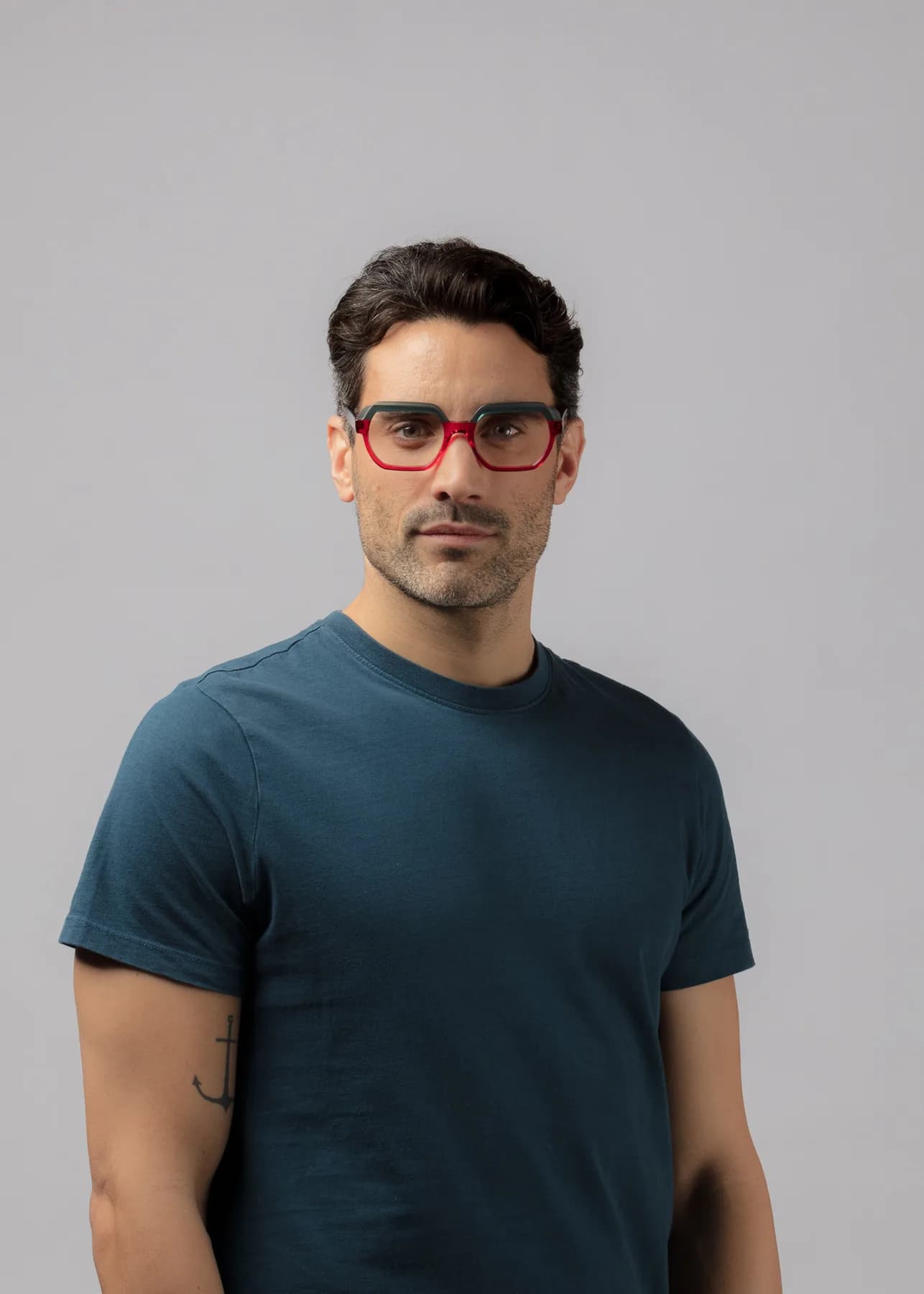 Mad in Italy WORN optical campaign image with a man wearing a red frame